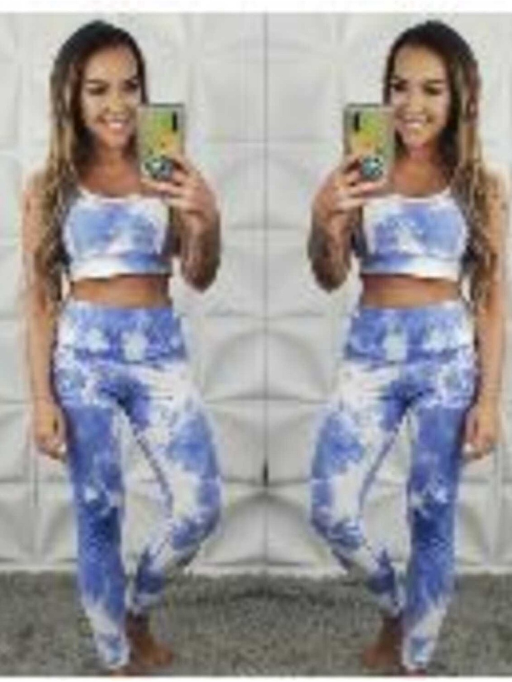 Blue Tie-Dye High-Waist Leggings and Matching Crop Top Set